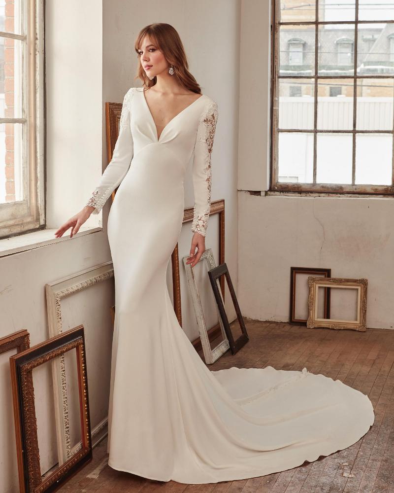 La21233 satin v neck wedding dress with sleeves and fitted sheath silhouette3